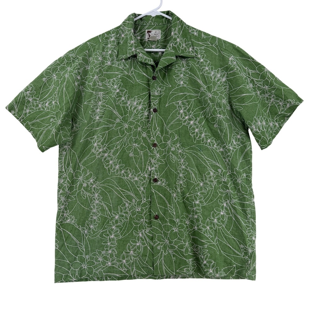 Vintage Y Not Hawaii Shirt Mens XL Green Floral Hawaiian Short Sleeve Button Up